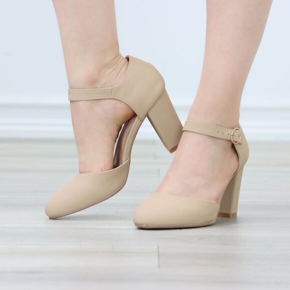 Beige High Heels Ankle Strap Almond Toe Block Classic Pumps Nubuck - Picture 9 of 12